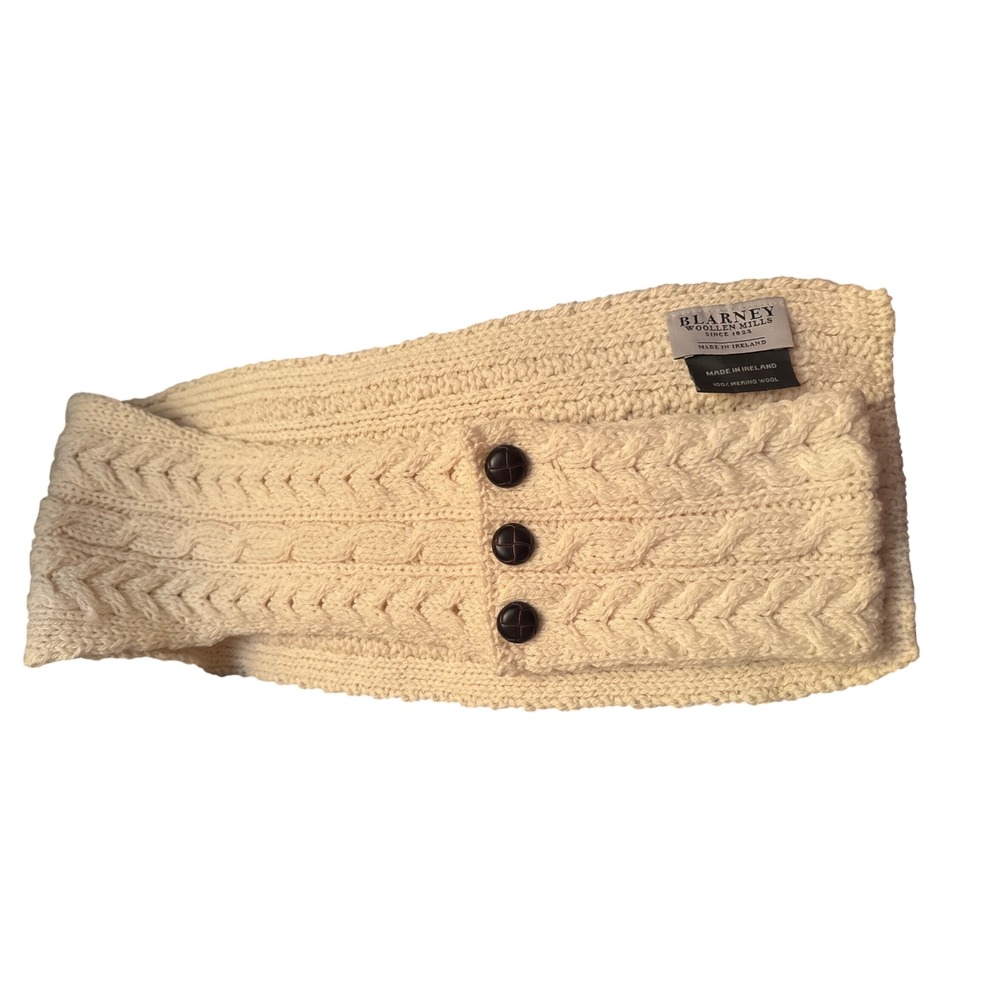 Blarney Woollen Mills Merino Wool Button Loop Scarf Cable Knit Cream Ireland